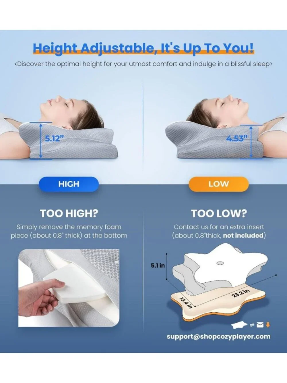 Cooling Ergonomic Memory Foam Pillow for Neck Support & Pain Relief - Adjustable